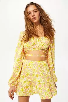 Платье из крепа с оборкой H&amp;M, желтый/цветы