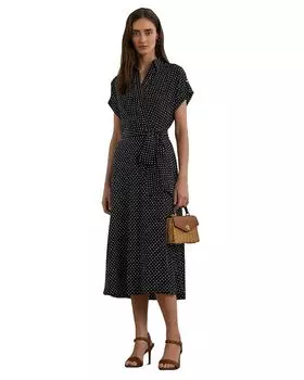 Платье из крепа с поясом в горошек Ralph Lauren, синий