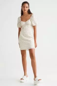 Платье из крепа с пышными рукавами H&amp;M, кремовый/маленькие цветы