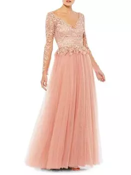 Платье из кружева и тюля с цветочным принтом Mac Duggal, цвет Rose Gold