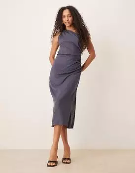 Платье из льна Mango на одно плечо с присборенной стороной в пыльно-голубом цвете