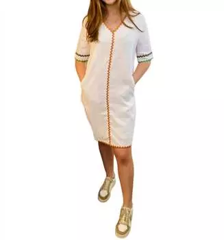 Платье из льна с фестончатой лентой белого цвета Boho Chic