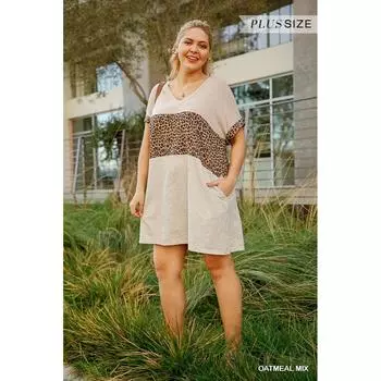 Платье из льняной смеси с короткими рукавами, анималистичным принтом, цветными блоками, V-образным вырезом и карманами FASHNZFAB, цвет oatmeal