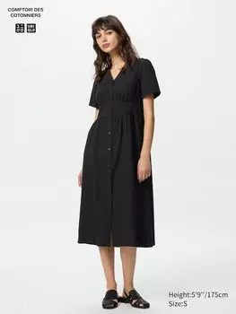 Платье из льняной смеси с V-образным вырезом (короткий рукав) Uniqlo, черный