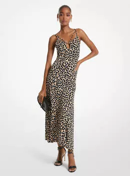 Платье из матового джерси с леопардовым принтом MICHAEL Michael Kors Cutout Slip, бежевый/черный/белый
