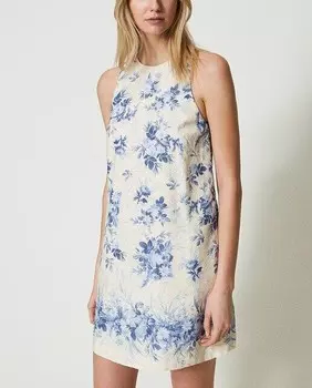 Платье из микса льна с цветочным принтом Twinset, белый