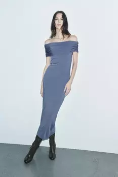 Платье из однотяжной трикотажной платья с открытыми плечами ZARA, сине-серый
