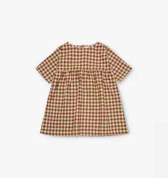 Платье из органического хлопка с короткими рукавами и сборкой в клетку 1-4 года Organic Zoo, коричневый