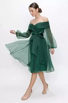 Платье из органзы Madonna с поясом и длинными рукавами, зеленое By Sayg, зеленый