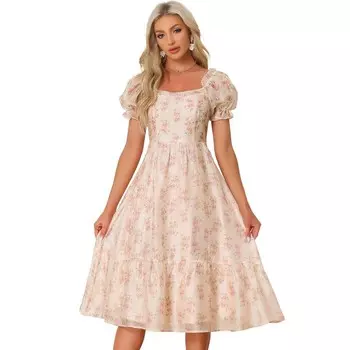 Платье из органзы с цветочным принтом для женских платьев миди с квадратным вырезом и короткими рукавами ALLEGRA K, цвет Apricot