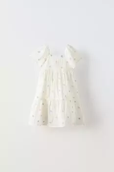 Платье из органзы с цветочными аппликациями ZARA, экрю