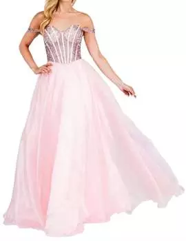 Платье из органзы с открытыми плечами, расшитое бисером, розового цвета Amelia Couture