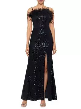 Платье из пайеток и страусиных перьев Xscape, черный