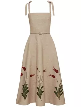Платье из парусины с цветочным принтом «Тюльпан» Oscar de la Renta, бежевый