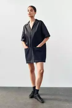 Платье из поплин с контрастной отстрочкой ZARA, темно-синий