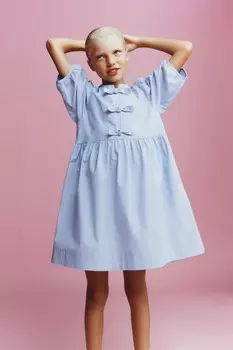 Платье из поплина с бантами ZARA, светло-голубой