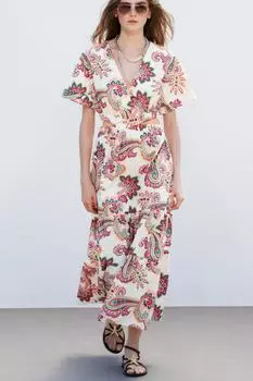 Платье из поплина с принтом и вырезами ZARA, разноцветный