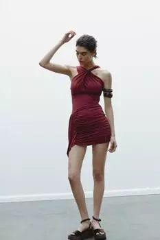 Платье из присборенной струящейся ткани ZARA, красный