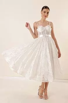 Платье из прозрачного тюля на косточках с веревочным ремнем и поясом на талии, белое By Sayg, белый