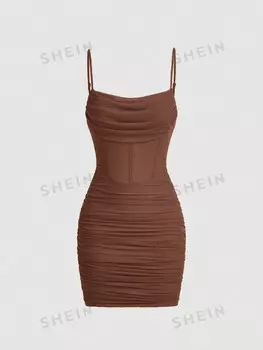 Платье из сетчатой ткани Shein Mod на тонких бретельках, коричневый