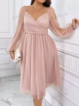 Платье из сетки Priv Plus, вырез в форме сердца, рукава-фонарики Shein, розовый