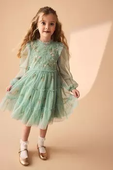 Платье из сетки с длинными рукавами и ярусами Laura Ashley, зеленый