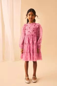 Платье из сетки с длинными рукавами и ярусами Laura Ashley, розовый