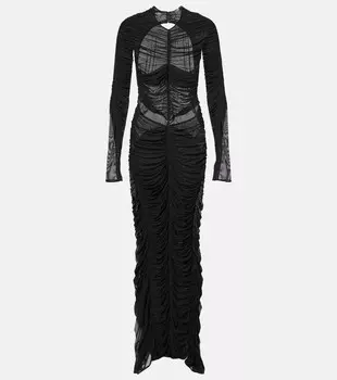 Платье из сетки с открытой спиной и сборками Mugler, черный