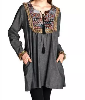 Платье из шамбре с бахромой и геометрическим узором черного цвета Velzera