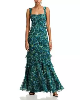 Платье из шелка Chandra с рюшами SALONI, зеленый