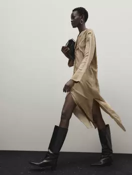 Платье из шелка с принтом со швами Massimo Dutti, бежевый