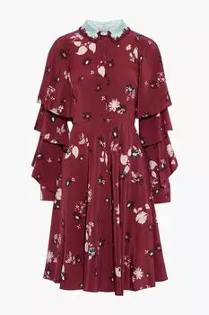 Платье из шелкового крепдешина с многоярусной аппликацией и цветочным принтом VALENTINO GARAVANI, сливовый