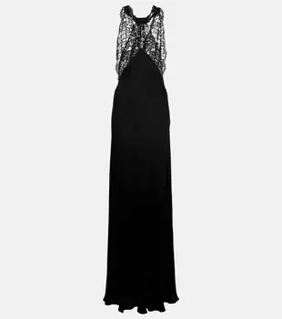 Платье из шелкового шармеза с кружевной отделкой Saint Laurent, черный