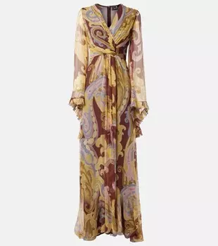 Платье из шелкового шифона с принтом и сборками Etro, цвет print on yellow base