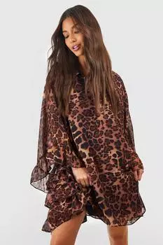 Платье из шифона леопарда с рубками Boohoo, коричневый