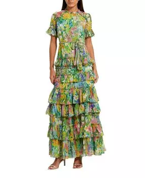 Платье из шифона с цветочным принтом и ярусными рюшами Mac Duggal, мультиколор