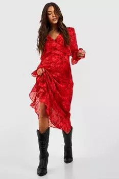 Платье из шифона с принтом Boohoo, красный