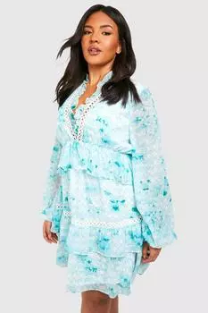 Платье из шифона с принтом и рюшами Boohoo, зеленый