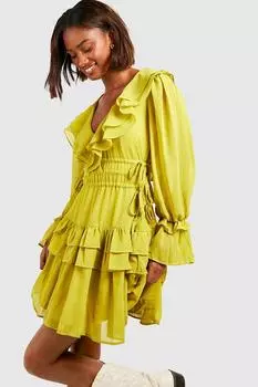 Платье из шифона с рубками Boohoo, шартрез