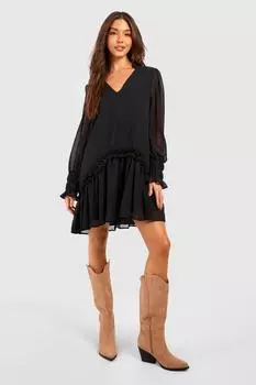 Платье из шифона с западанным полем Boohoo, черный