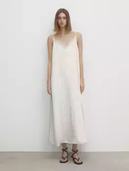 Платье из смешанного льна с лемнями и вышивкой Massimo Dutti, кремовый