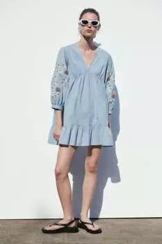Платье из смешанного льна с вышивкой ZARA, голубое небо