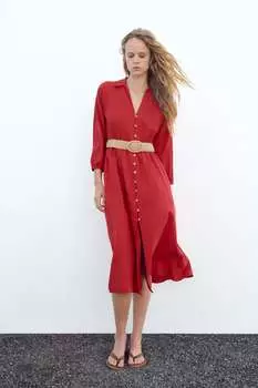 Платье из смешанной льна с поясом ZARA, красный