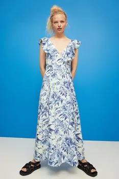 Платье из смесового льна H&amp;M, синий/цветы