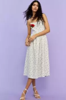 Платье из смесового льна H&amp;M, светло-серый/мелкие цветы