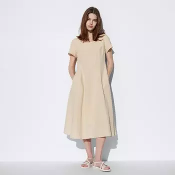 Платье из смесового льна с квадратным вырезом (короткие рукава, стандартная длина 110-121,5см) UNIQLO, бежевый