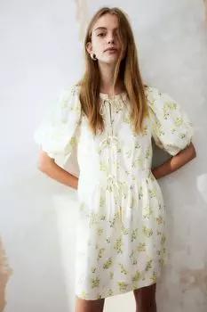 Платье из смесового льна с пышными рукавами H&M, бежевый