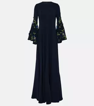 Платье из смесового шелка с вышивкой Oscar De La Renta, синий
