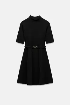 Платье из стрейч трикотажного платья с поясом ZARA, черный