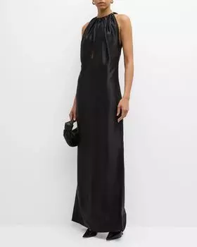 Платье из струящегося атласа и твила без рукавов со сборками Bottega Veneta, цвет Nero